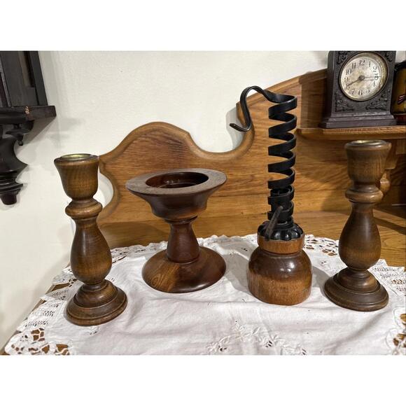 Other - Lot Of 4 Vintage Wood Candle Stick Holders Courting Turned Wood Colonial Farm